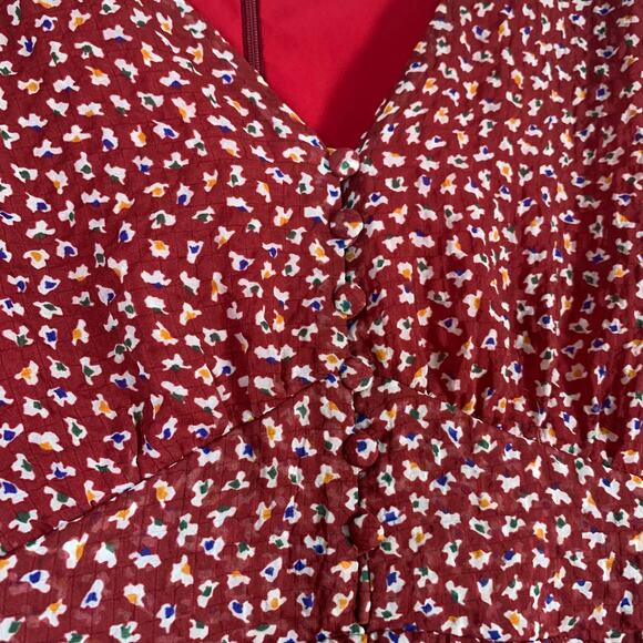 Madewell Red Floral Mini Dress Size 4 V-Neck Ruched Sleeves Lined Flowy Fit - Picture 5 of 9
